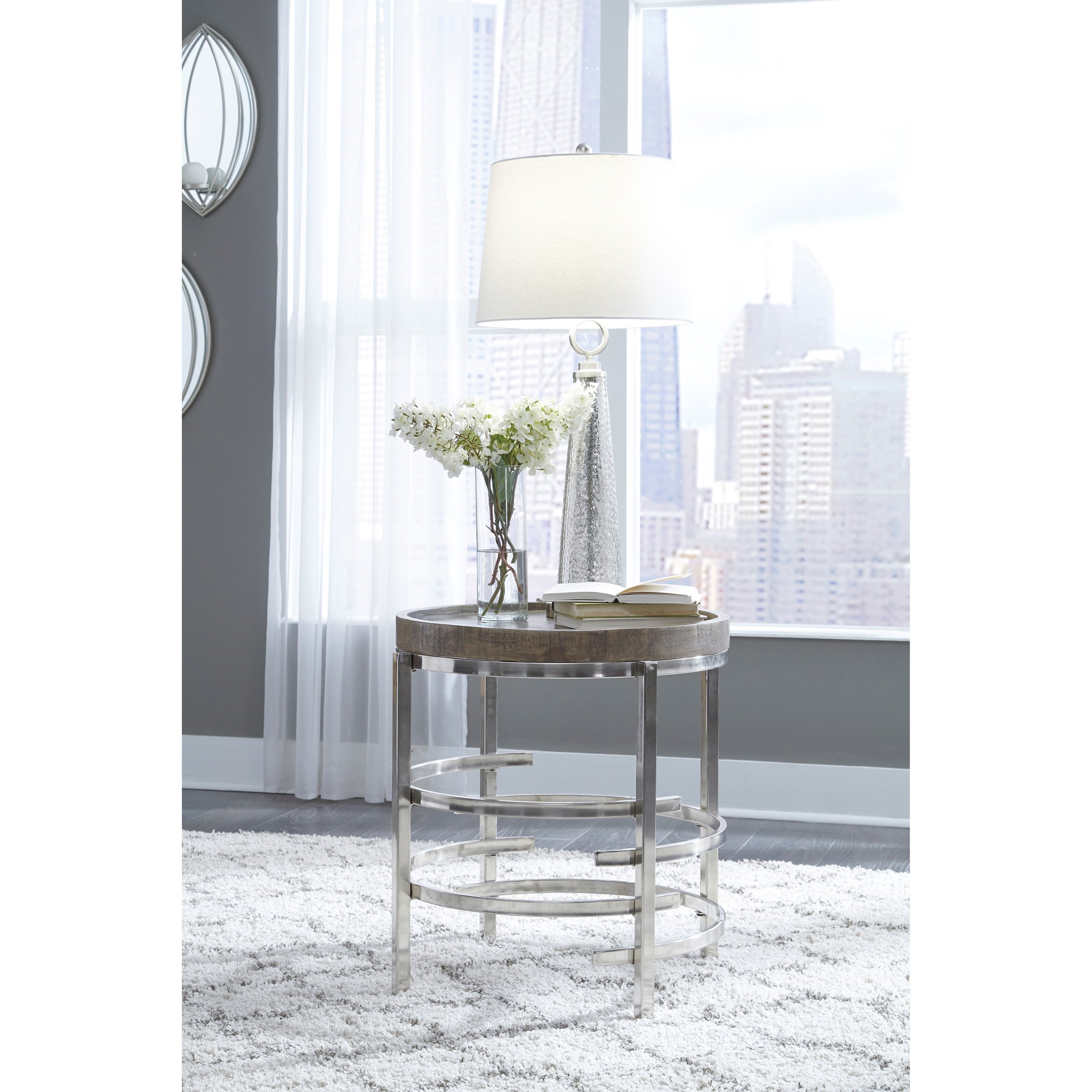 Signature Design By Ashley Zinelli Round End Table With Solid Wood Top And Polished Chrome Base Conlin S Furniture End Tables