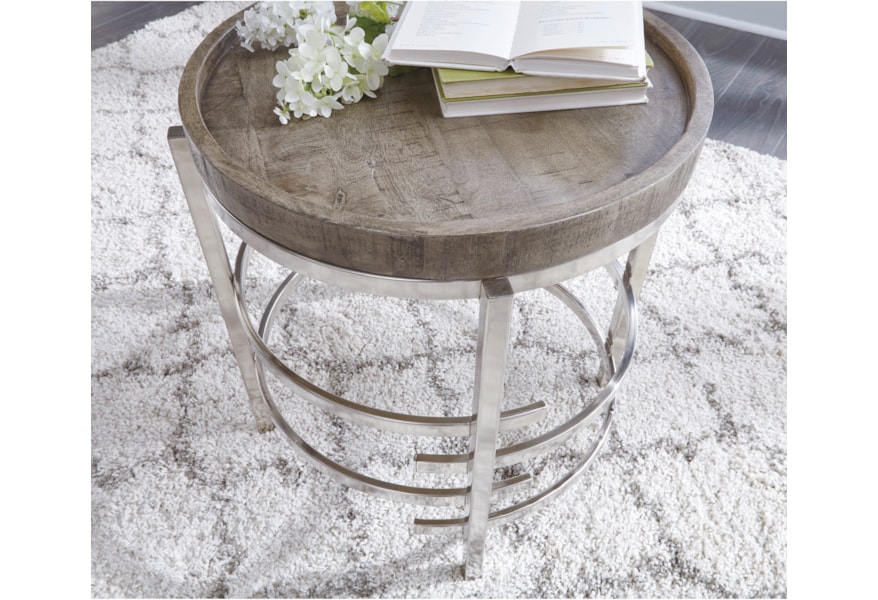 Signature Design By Ashley Zinelli T681 6 Round End Table With Solid Wood Top And Polished Chrome Base Furniture And Appliancemart End Tables
