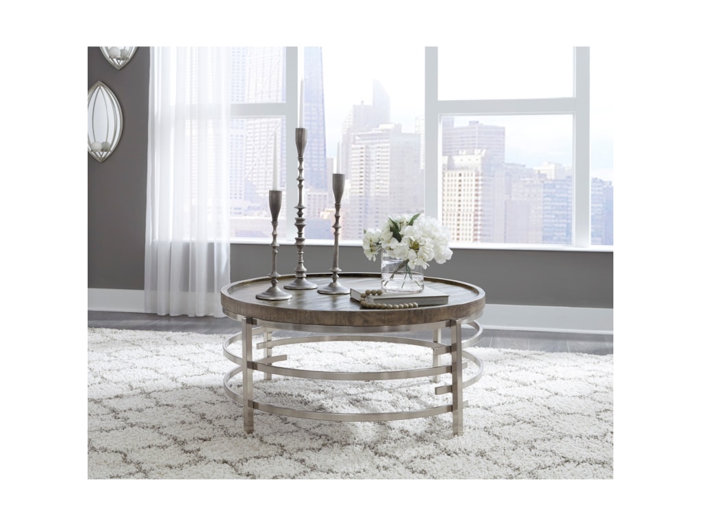 Signature Design By Ashley Zinelli Round Cocktail Table With Solid Wood Top And Polished Chrome Base Royal Furniture Cocktail Coffee Tables