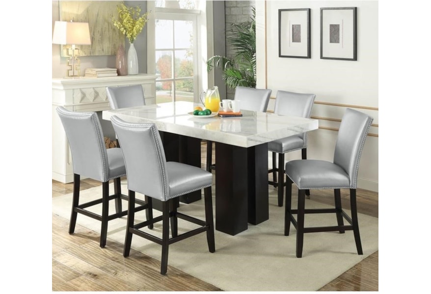 Vendor 3985 Camila 7 Piece Counter Height Dining Set With Marble Table Top Becker Furniture Pub Table And Stool Sets