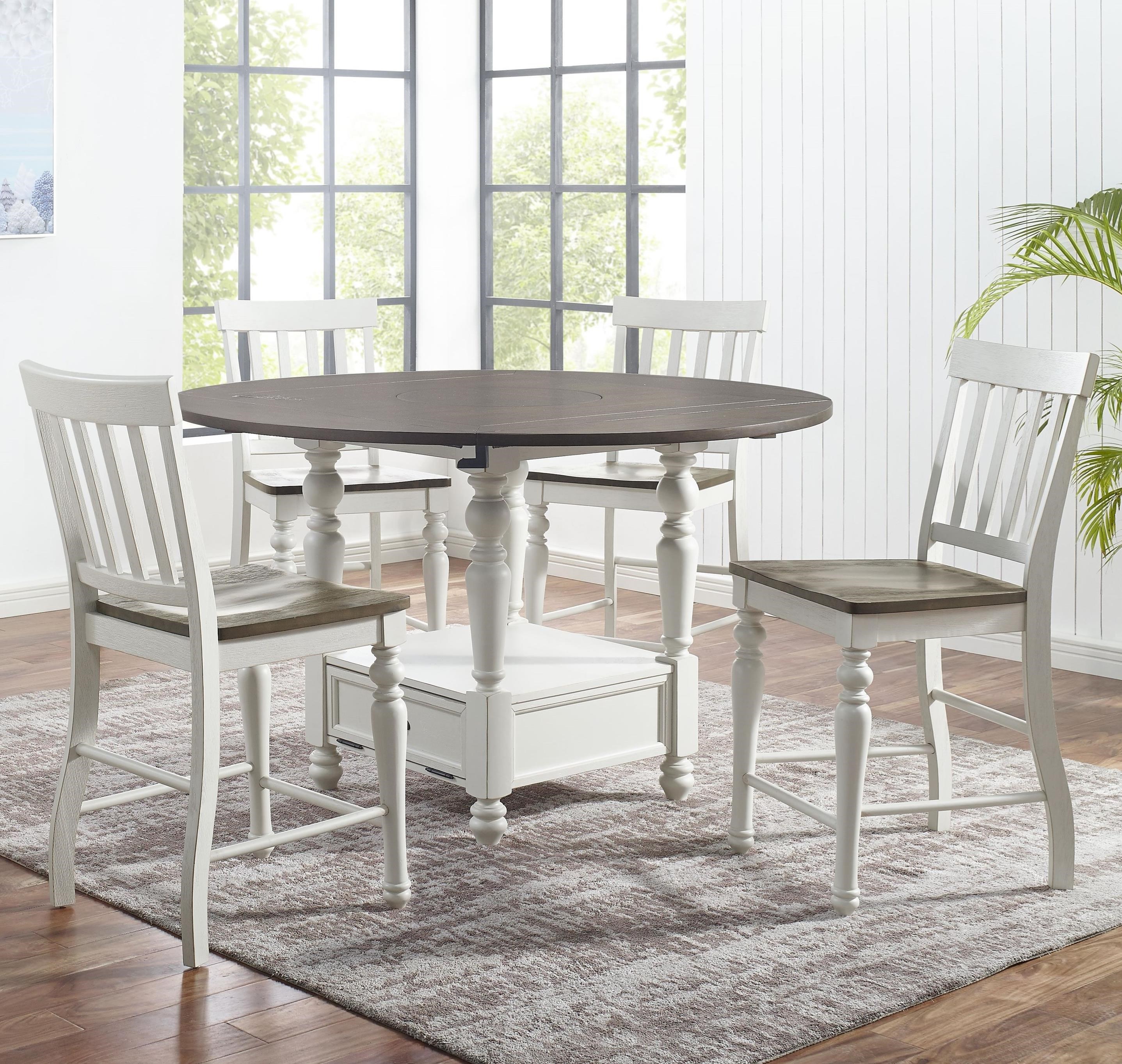Steve Silver Joanna 5 Piece Farmhouse Round Counter Table Set With Drop Leaves And Lazy Susan Dunk Bright Furniture Pub Table And Stool Sets