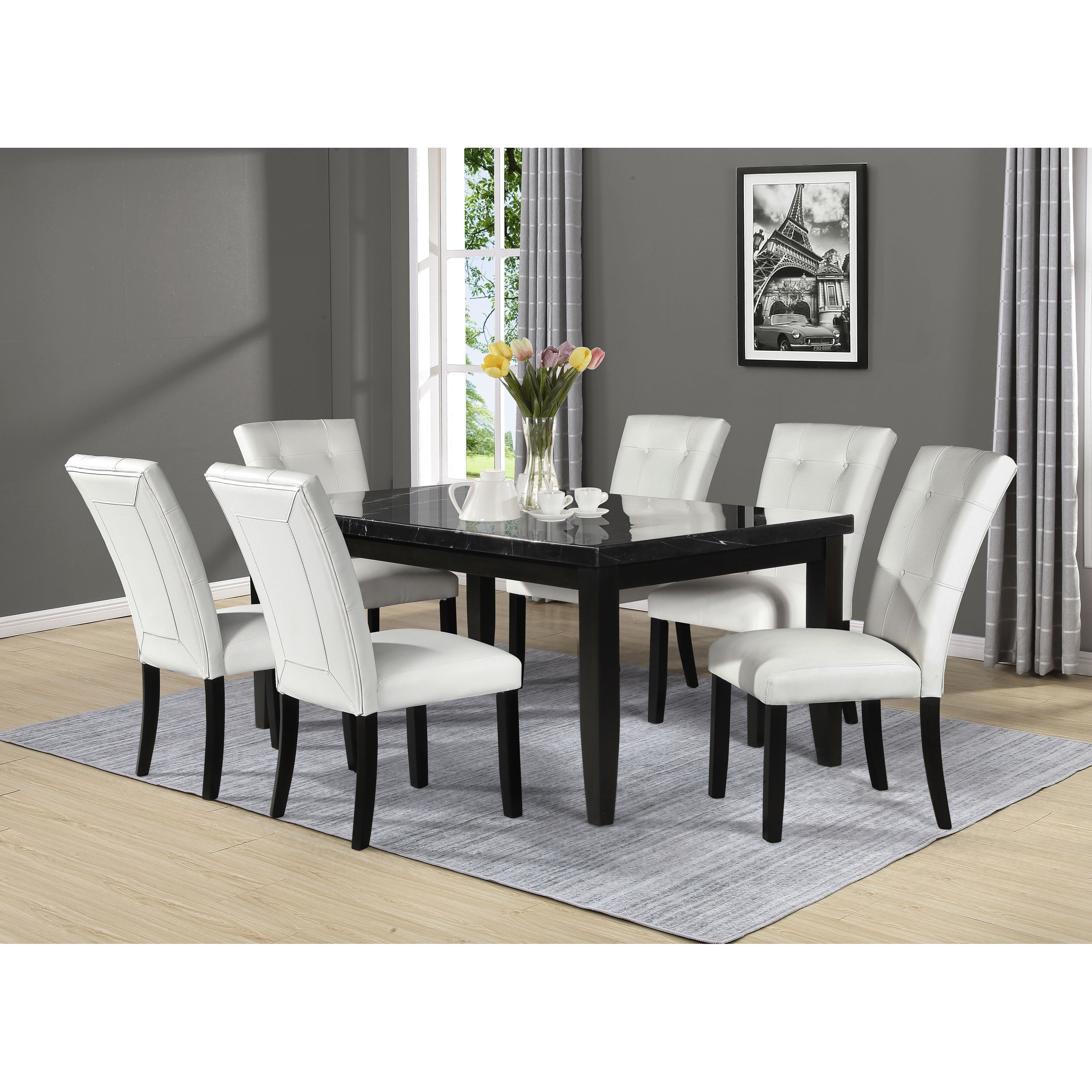 Steve Silver Markina Transitional 7 Piece Rectangular Table And Chair Set With Marble Top Dunk Bright Furniture Dining 7 Or More Piece Sets