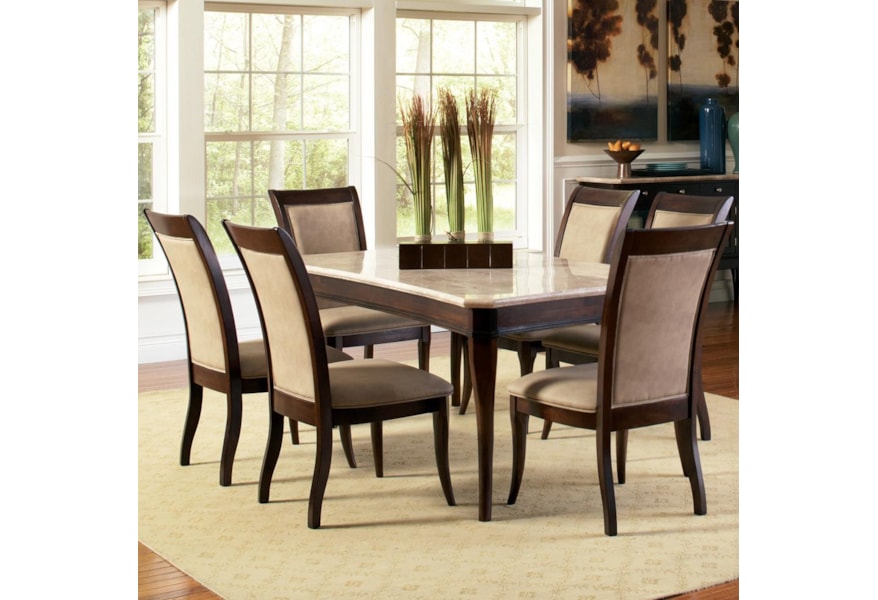Steve Silver Marseille 7 Piece Rectangular Marble Table And Upholstered Side Chair Dining Set Northeast Factory Direct Dining 7 Or More Piece Sets