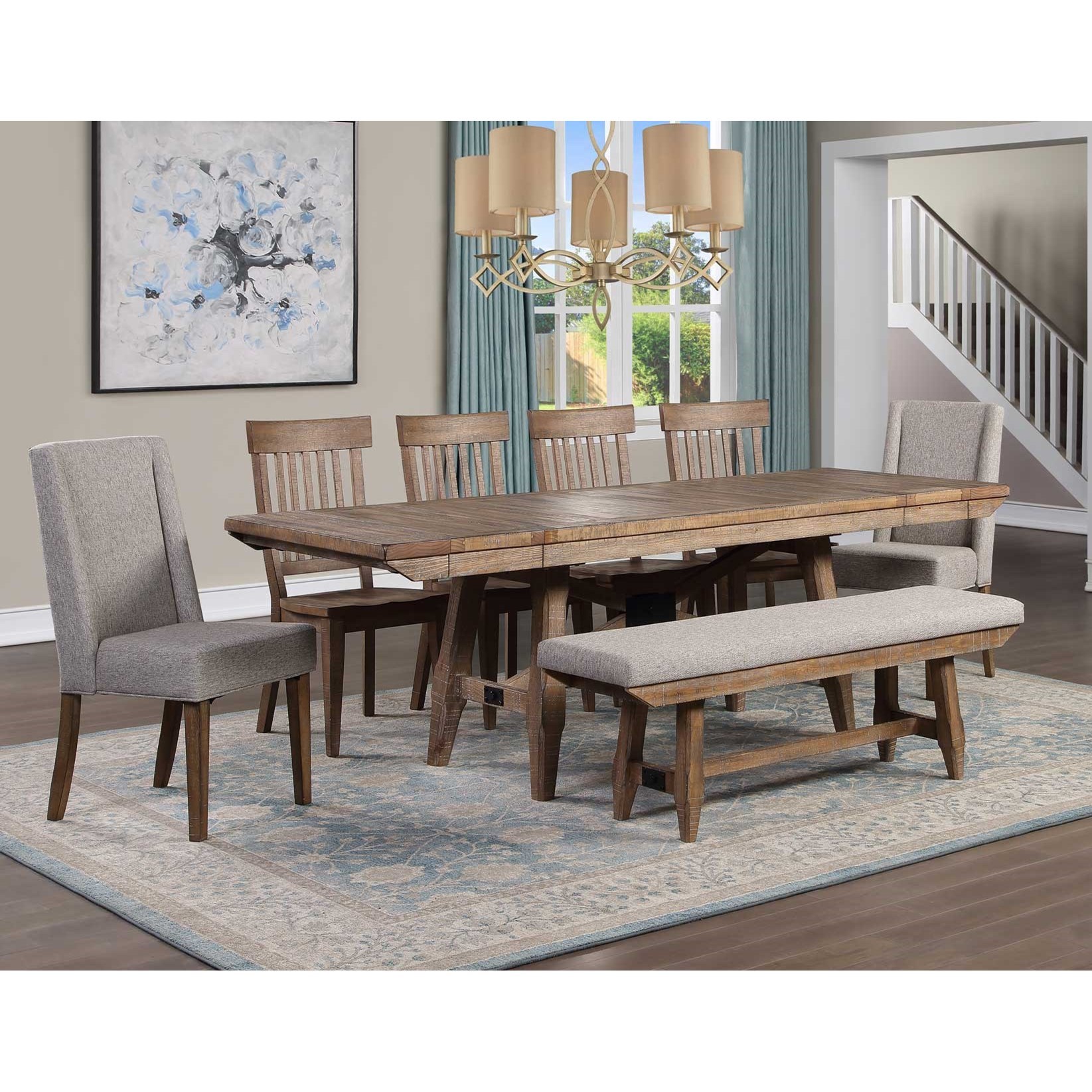 Steve Silver Riverdale Rustic 8 Piece Dining Table Set With Expandable Leaves Standard Furniture Table Chair Set With Bench