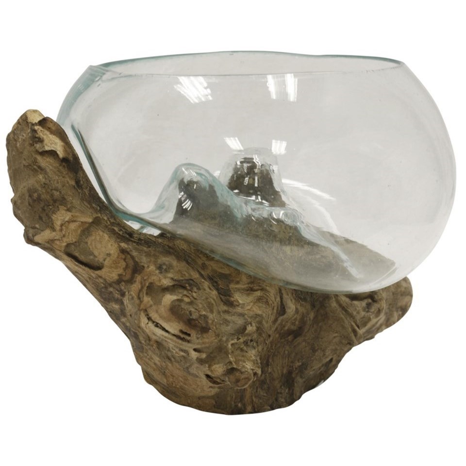 Natural and Clear Glass, Drift Wood with Clear Glass Bowl, Melted to Form