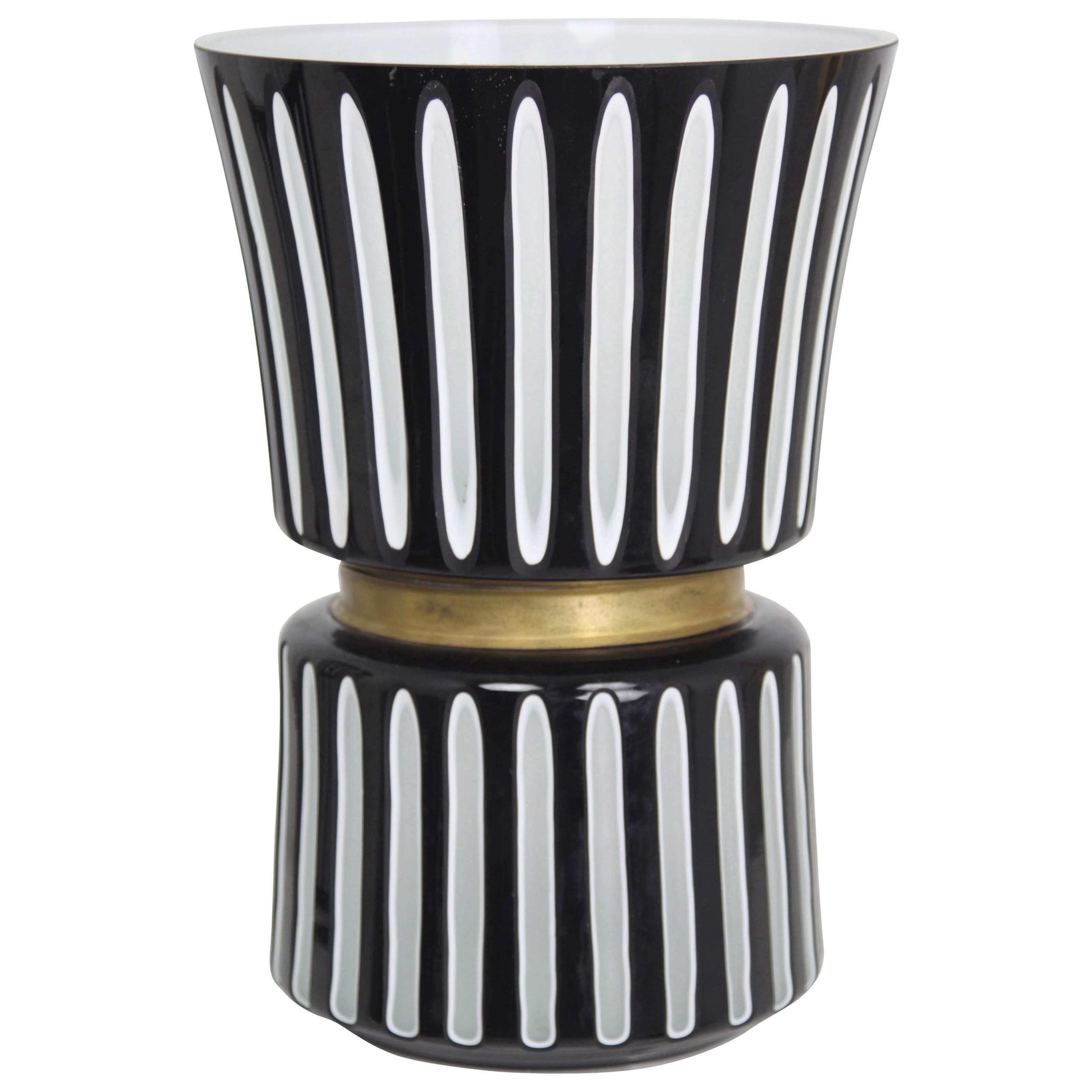 Black and White Ceramic Vase with Brass Accent