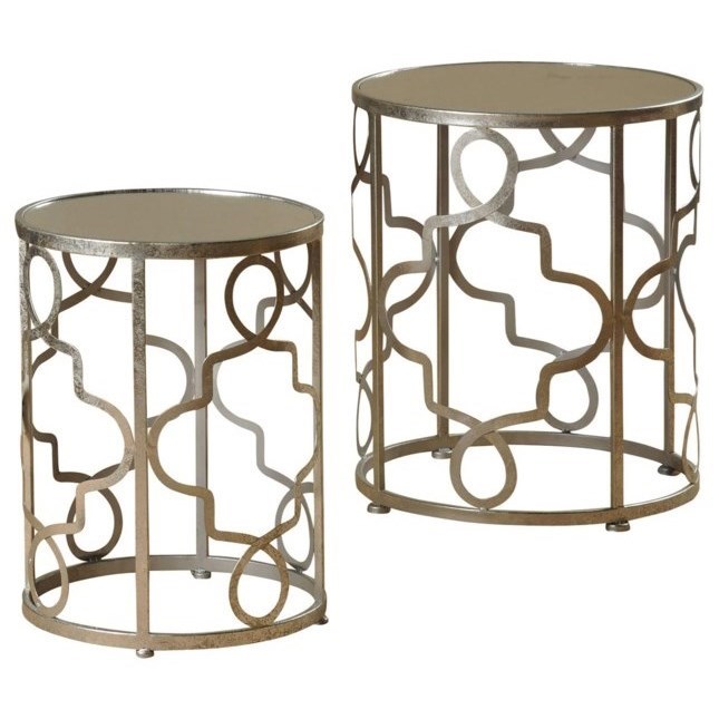 Set of 2 Round End Tables with Silver Leaf and Mirror