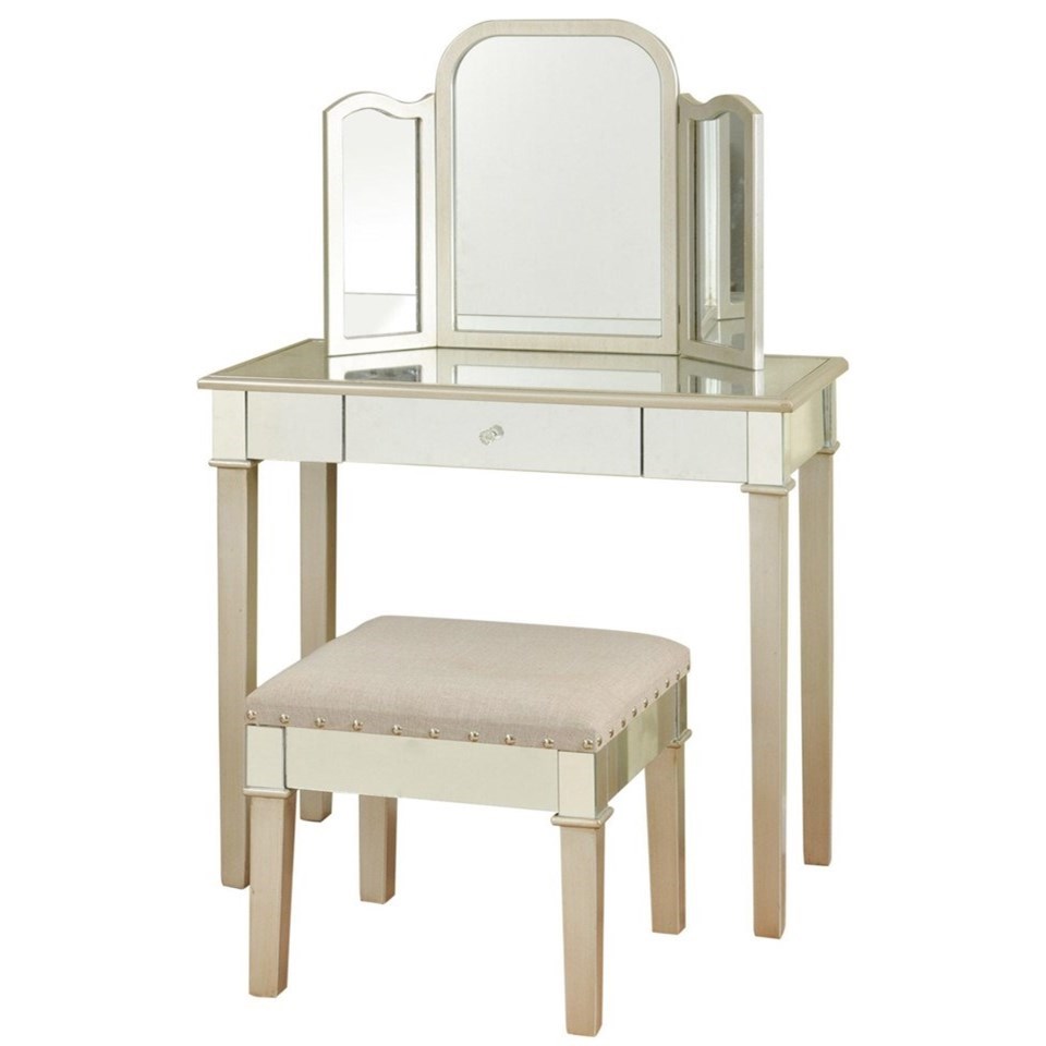 Hollywood Glamour Makeup Vanity Set with Trifold Mirror and Stool