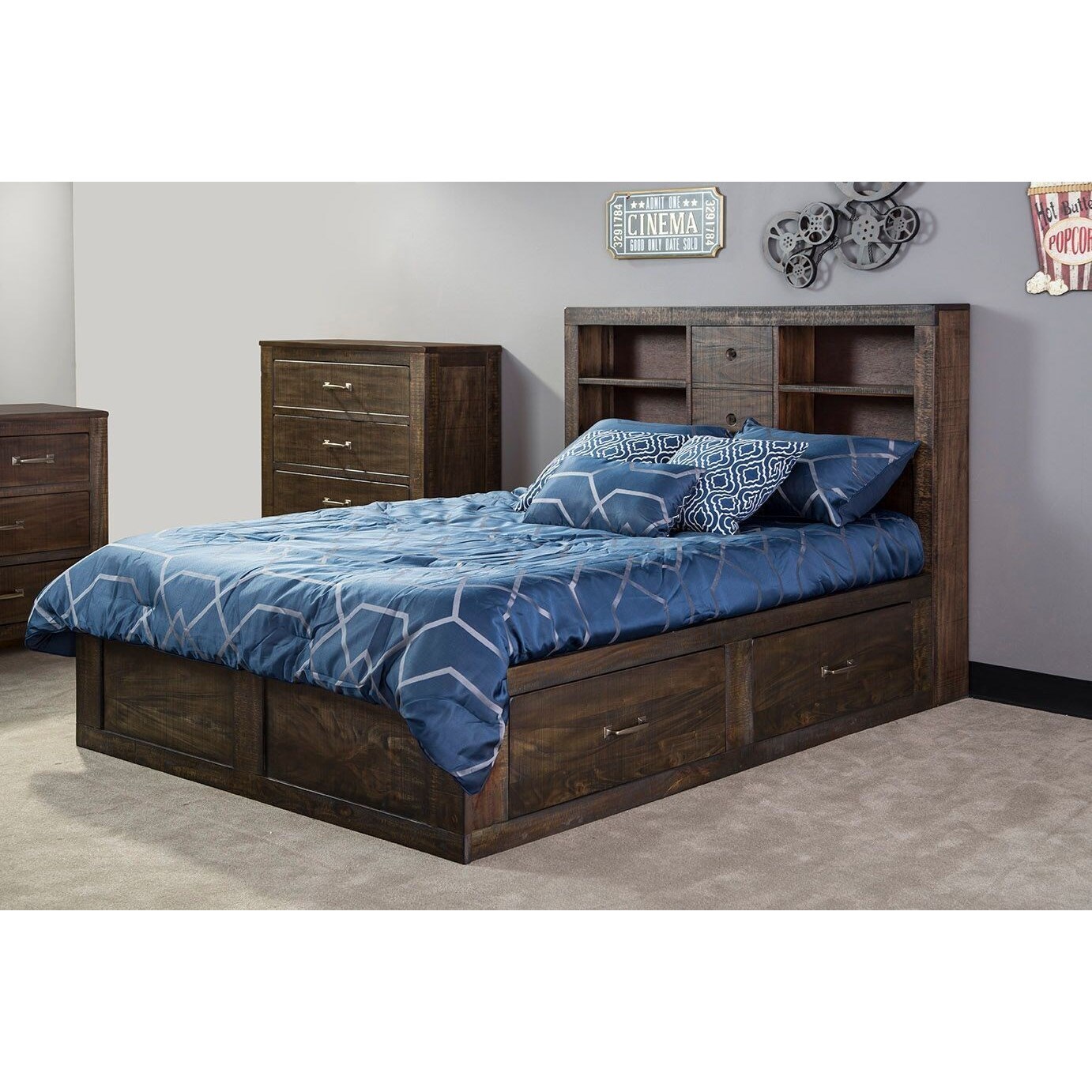 2319 Rustic Queen Captain S Bookcase Storage Bed With Cord Management Sadler S Home Furnishings Captain S Beds