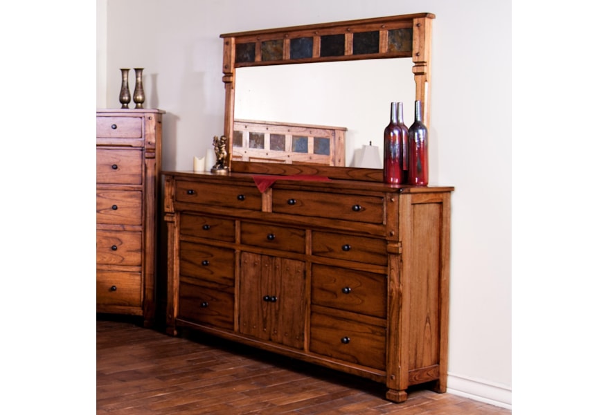 Sunny Designs Sedona Rustic Dresser With Doors Mirror With