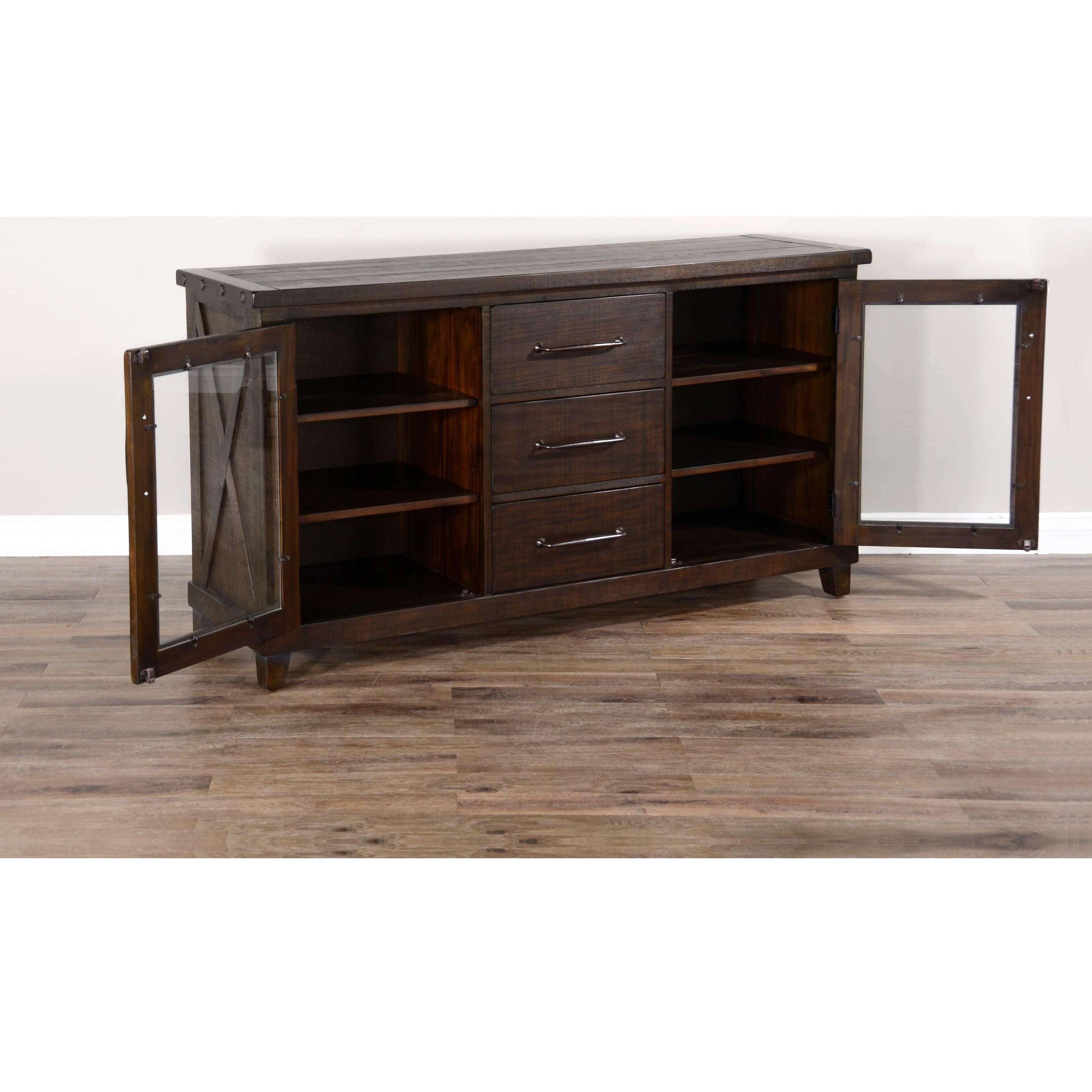 Sunny Designs Vivi Rustic 3 Drawer Server With 2 Glass Doors Morris Home Servers
