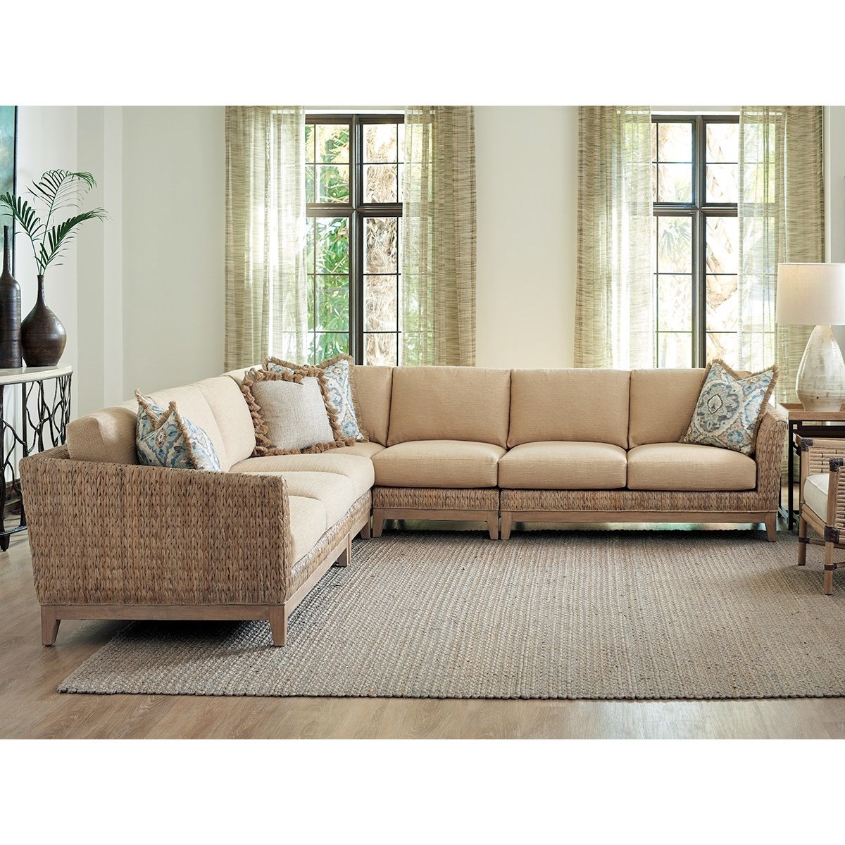 Tommy Bahama Home Los Altos Brisbane Tropical Five Piece Sectional With Woven Banana Leaf Hudson S Furniture Sectional Sofas