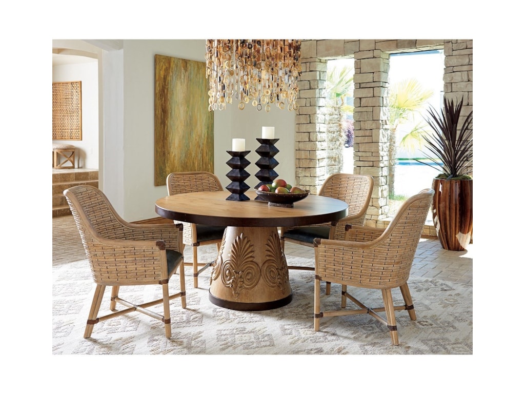 Los Altos Weston Round Oak Dining Table With Carved Acanthus And Bronze Trim By Tommy Bahama Home At Hudson S Furniture