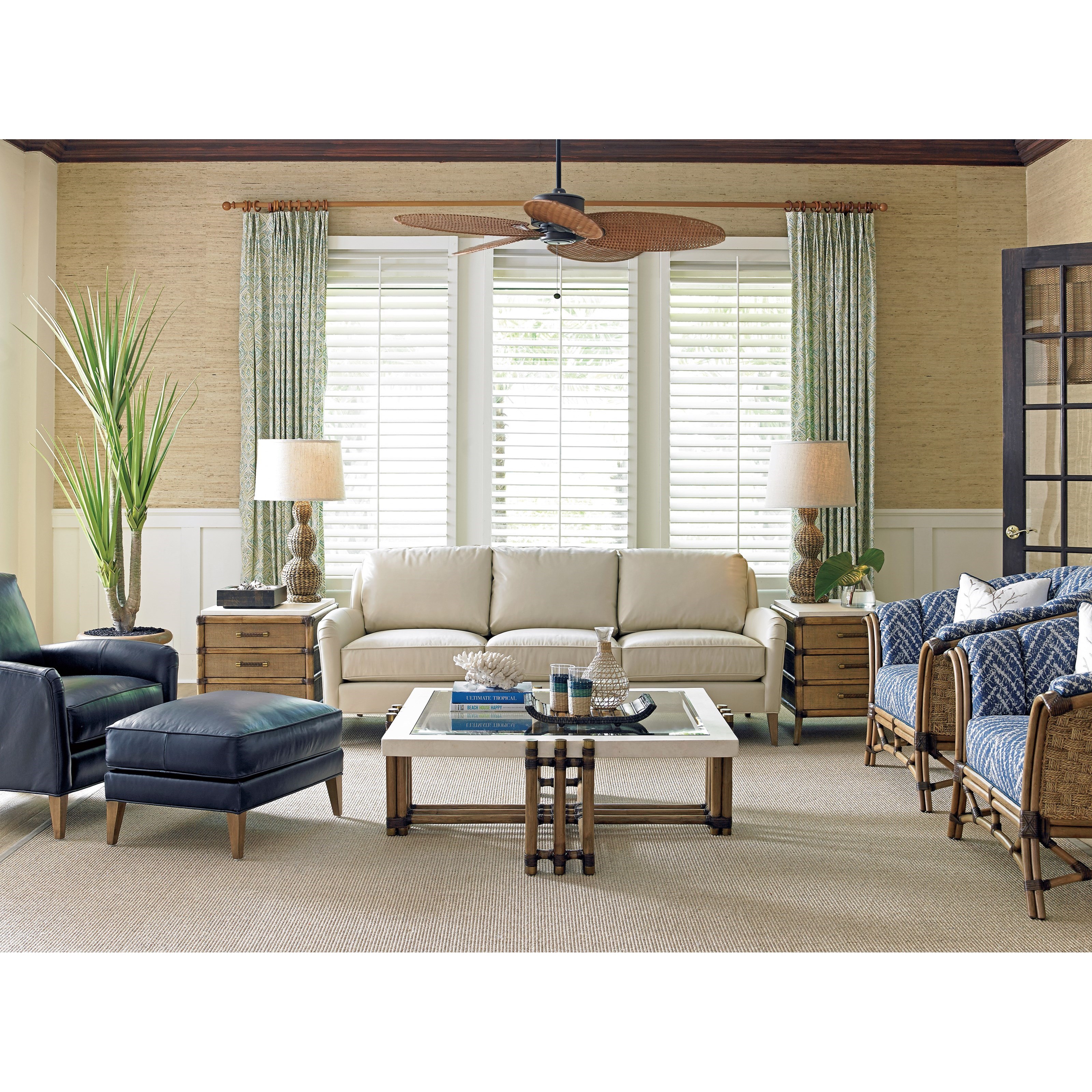 Tommy Bahama Home Twin Palms 558 947 Weston Square Cocktail Table With Glass And White Cordova Stone Top Baer S Furniture Cocktail Coffee Tables