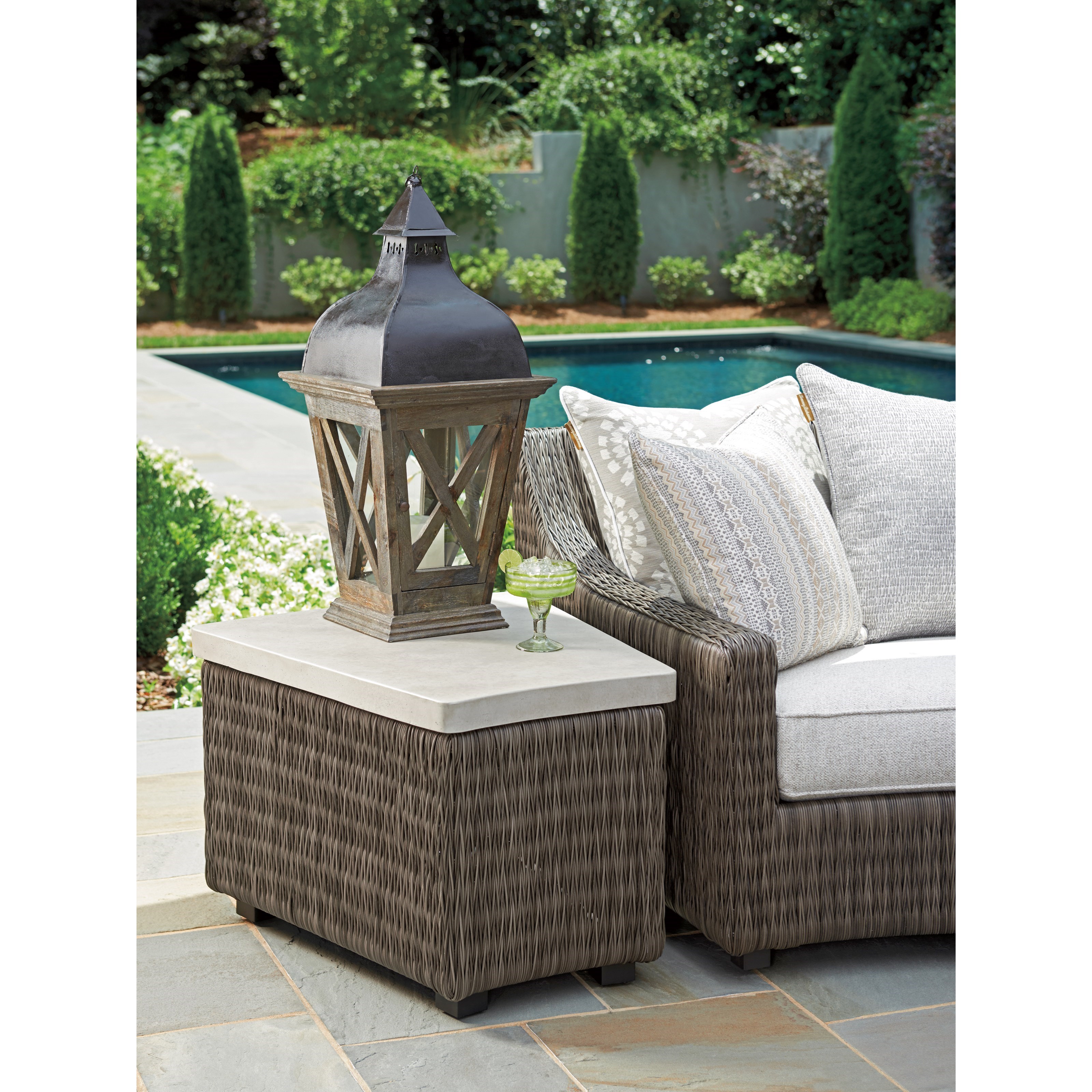 Tommy Bahama Outdoor Living Cypress Point Ocean Terrace Outdoor Wedge Table With Weatherstone Top Howell Furniture Outdoor End Tables