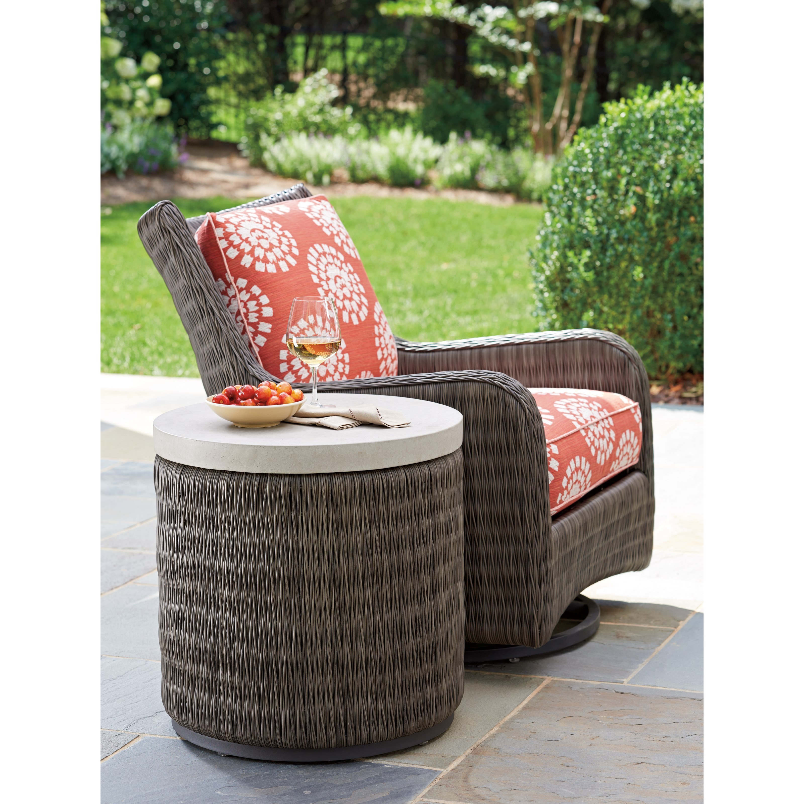 Tommy Bahama Outdoor Living Cypress Point Ocean Terrace Outdoor Round End Table With Weatherstone Top Howell Furniture Outdoor End Tables
