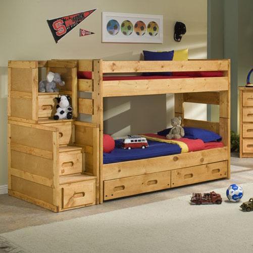 wooden bunk beds with shelves