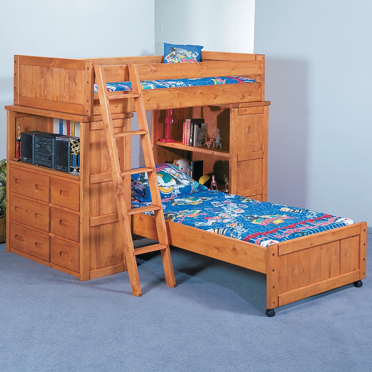 Trendwood Bunkhouse Twin Twin Roundup Modular Loft Bed With Dresser And Shelf Units Wilson S Furniture Loft Beds