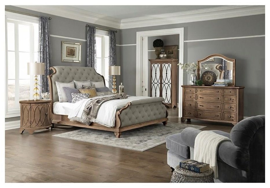 Trisha Yearwood Home Collection By Klaussner Jasper County 791 250q 650 660 670 Queen Upholstered Sleigh Bed Dresser Mirror And Nightstand Package Sam Levitz Furniture Bedroom Groups