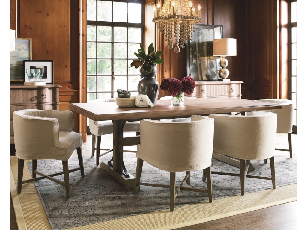 Universal Authenticity 7 Piece Trestle Table And Barrel Chair Set Universal Authenticity7 Piece Table And Chair Set