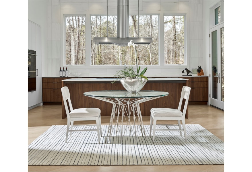 Universal Modern 964757 Axel Round Dining Table With Glass Top And Stainless Steel Metal Base Upper Room Home Furnishings Dining Tables