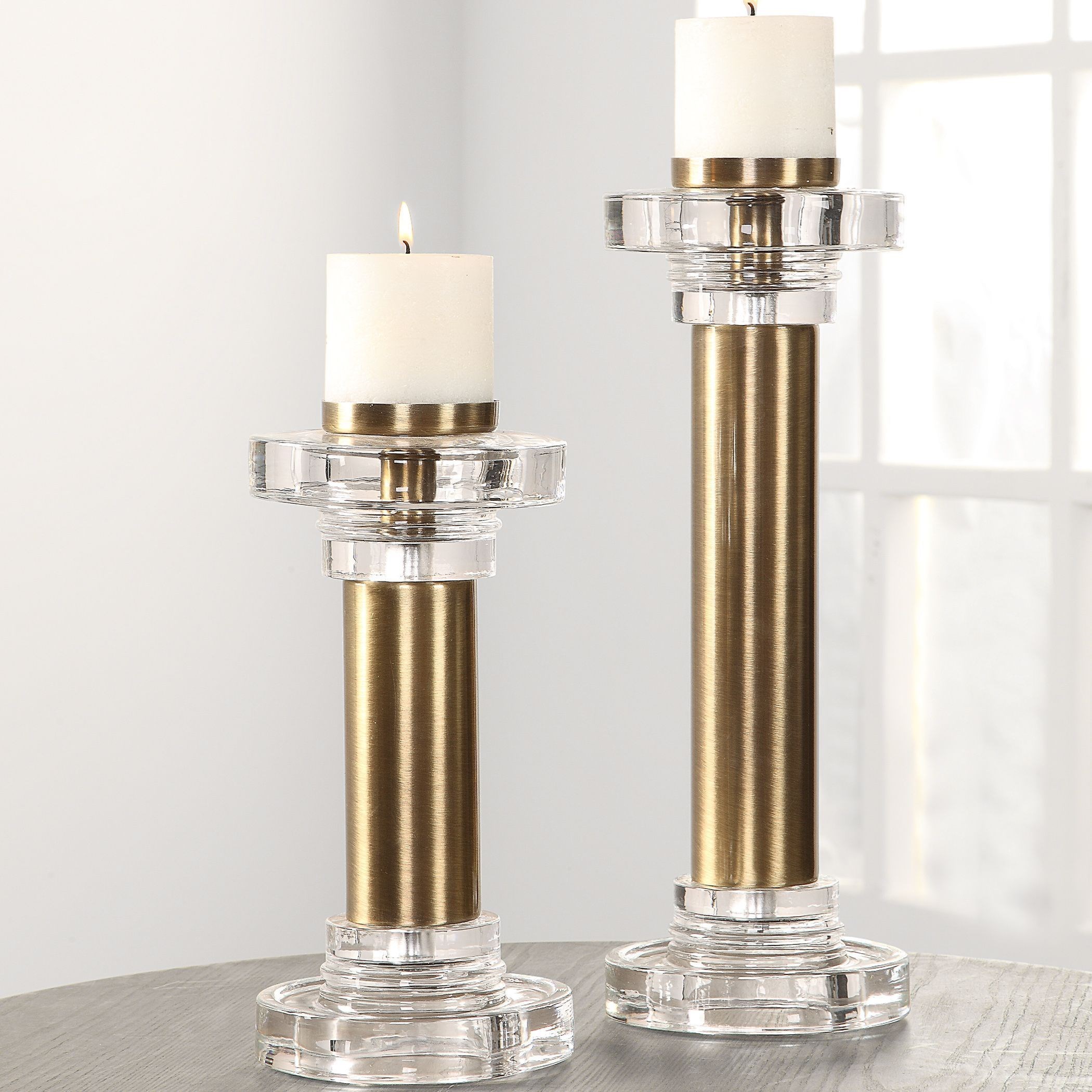 Uttermost Accessories Candle Holders 18645 Leslie Brushed Brass Candleholders S 2 Furniture And Appliancemart Candle Holders