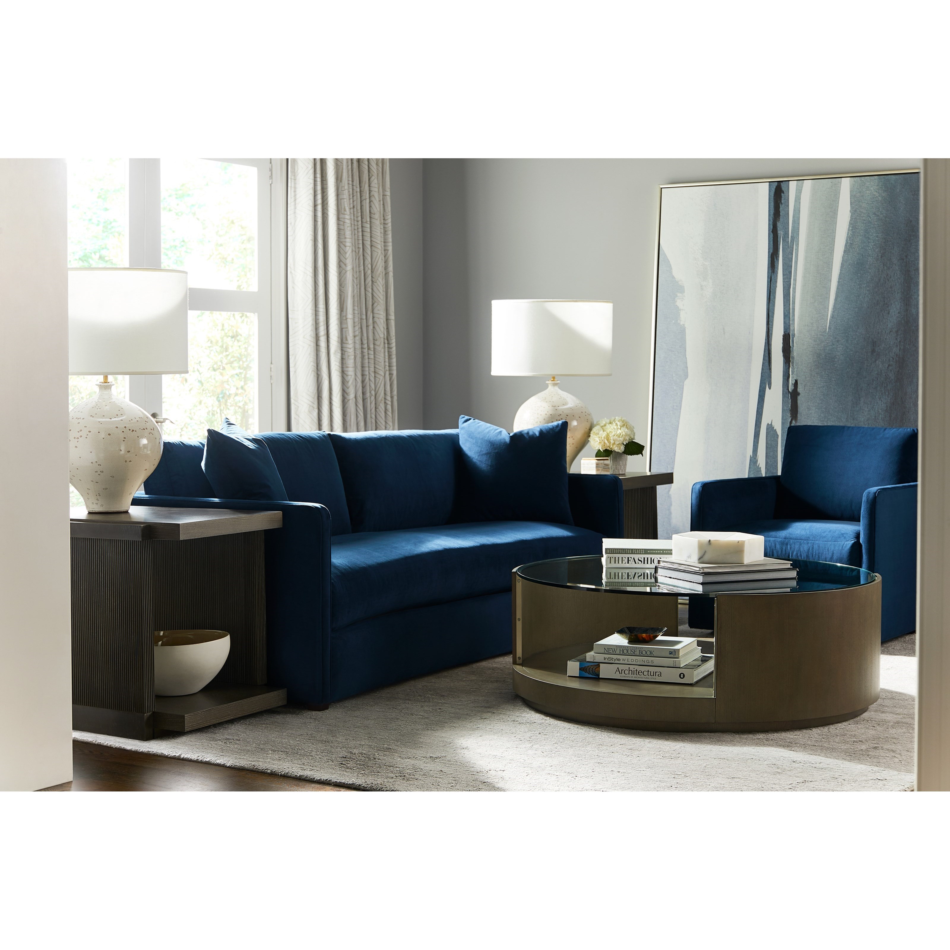 Vanguard Furniture Axis L102c Mm Transitional Round Wood Cocktail Table With Glass Top Hudson S Furniture Cocktail Coffee Tables