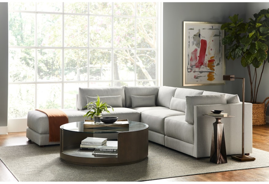 Vanguard Furniture Axis L102c Mm Transitional Round Wood Cocktail Table With Glass Top Hudson S Furniture Cocktail Coffee Tables