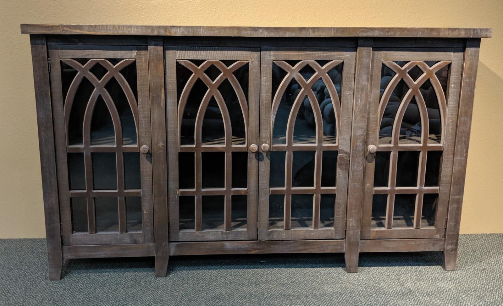 Vintage Cathedral Cathedral Door Console With Glass Inserts And Wood Knobs Wilcox Furniture Cabinet