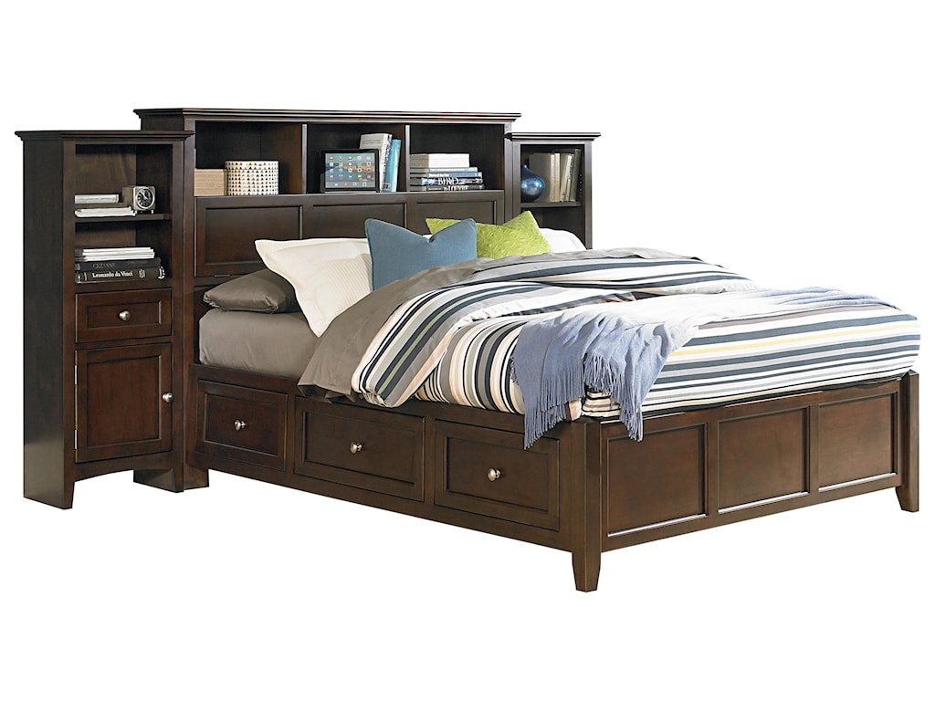 Queen Pedestal Bed with Bookcase Headboard and Piers | Sadler's ...