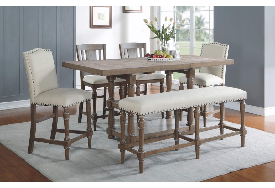 Winners Only Xcalibur Counter Height Dining Set With Upholstered Bench Lindy S Furniture Company Pub Table And Stool Sets