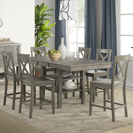 7 Piece Transitional Counter Height Table and X Back Chair Set