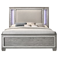 King Bed (LED HB) with Upholstered Headboard and Mirror Accents