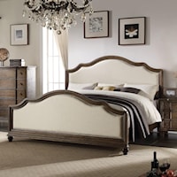 Vintage Upholstered California King Bed with Nailheads and Weathered Wood Trim