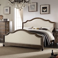 Vintage Upholstered King Bed with Nailheads and Weathered Wood Trim