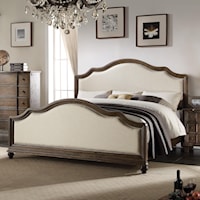 Vintage Upholstered Queen Bed with Nailheads and Weathered Wood Trim