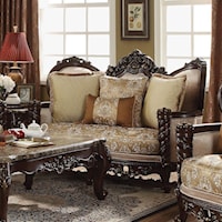 Traditional Loveseat with Exposed Wood Arm and Trim