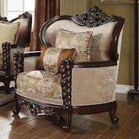 Traditional Upholstered Chair with Exposed Wood Arm and Trim
