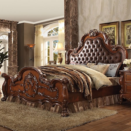 Traditional European Style California King Upholstered Bed with Faux Leather Headboard