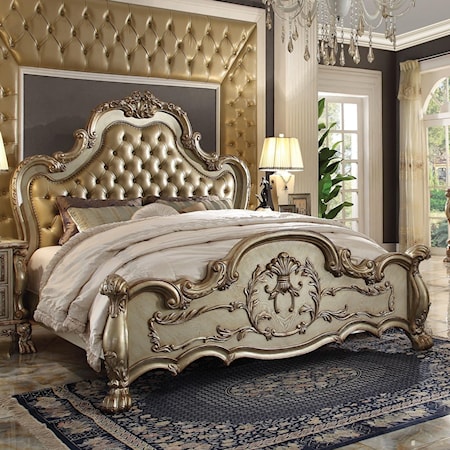 Traditional European Style California King Upholstered Bed with Faux Leather Headboard