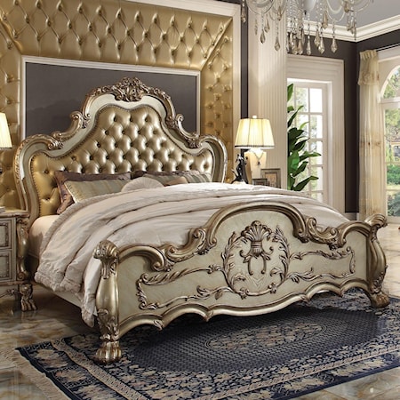 Traditional European Style King Upholstered Bed with Faux Leather Headboard