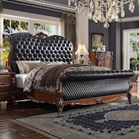 Traditional California King Bed with Tufted Upholstered Sleigh Headboard and Footboard
