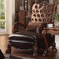 Traditional European Style Carved Wood Accent Chair with Fabric and Faux Leather Upholstery