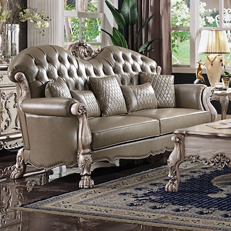 Traditional Faux Leather Sofa w/ 5 Pillows