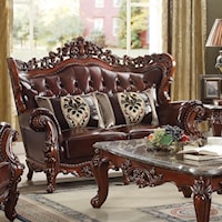 Ornately Carved Traditional Loveseat with Exposed Wood Wing Back and Tufted Leather