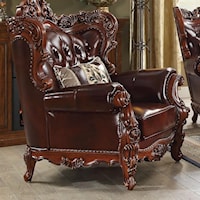 Ornately Carved Traditional Chair with Exposed Wood Wing Back and Tufted Leather