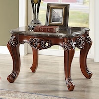 Ornately Carved Traditional End Table with Black Marble Top