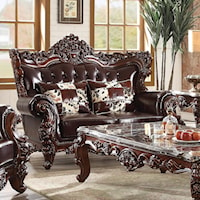 Ornately Carved Traditional Loveseat with Exposed Wood Wing Back and Tufted Leather