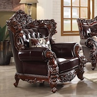 Ornately Carved Traditional Chair with Exposed Wood Wing Back and Tufted Leather