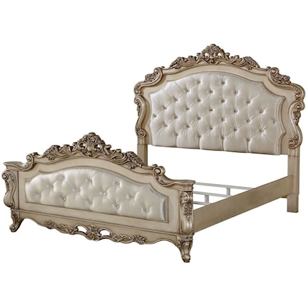 Traditional Tufted King Bed with Ornate Carvings